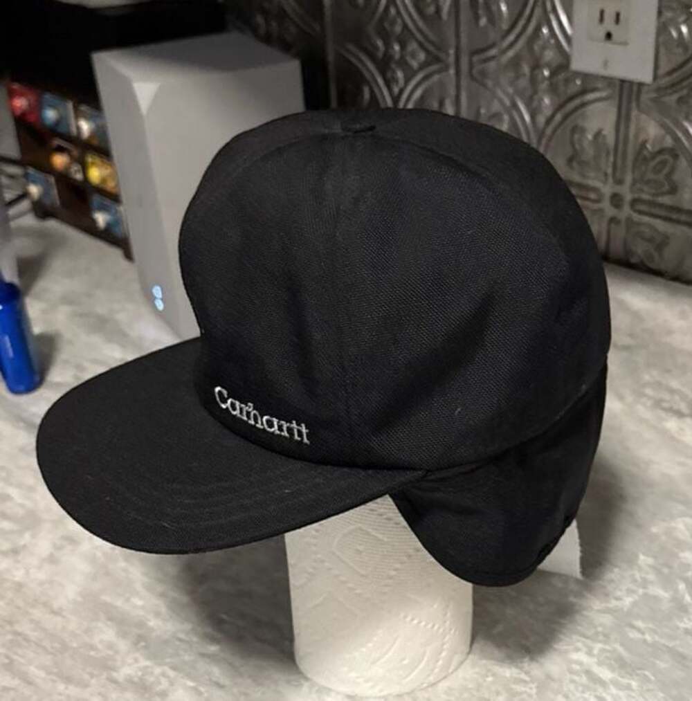 Vintage Carhartt Script Logo Duck Canvas Ear Flap Hat Black XL Made in USA